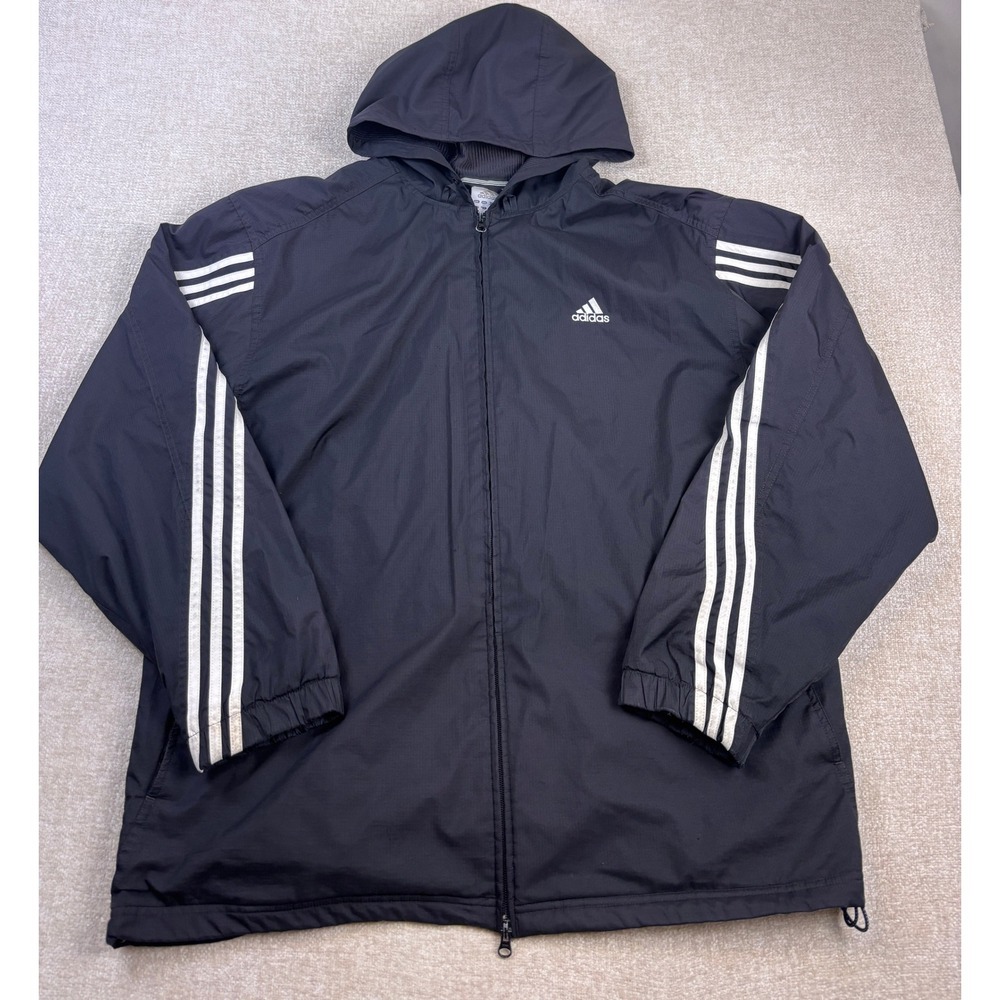 Vintage Adidas Mens XL Black 3 Stripe Hooded Windbreaker Jacket Full Zip